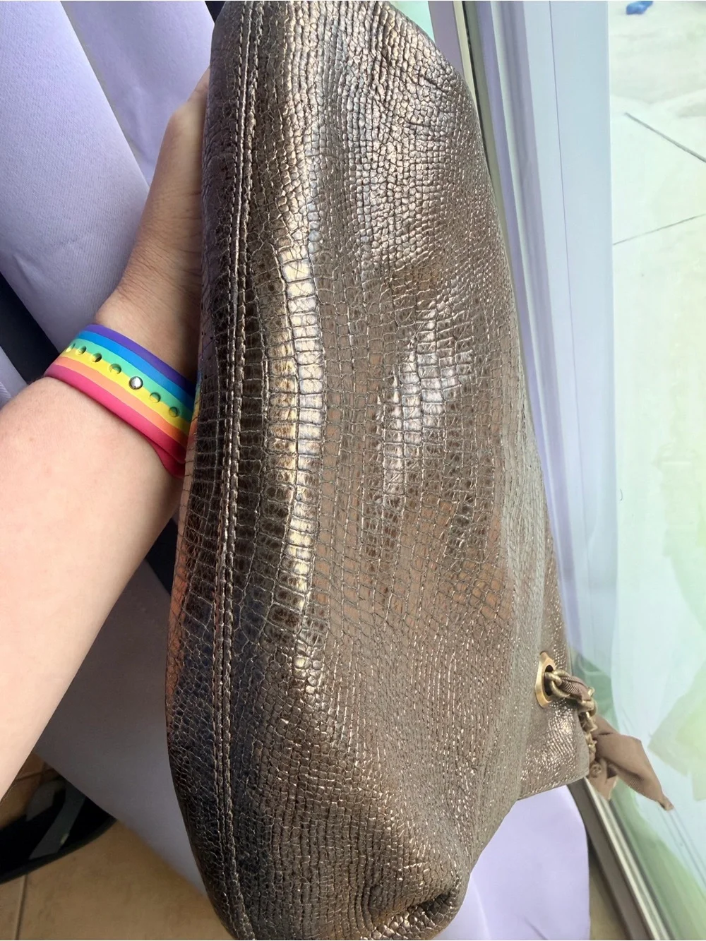 LANVIN Happy Flap Lizard-Embossed Metallic Bag with Chain Straps - 9”x12”x2”